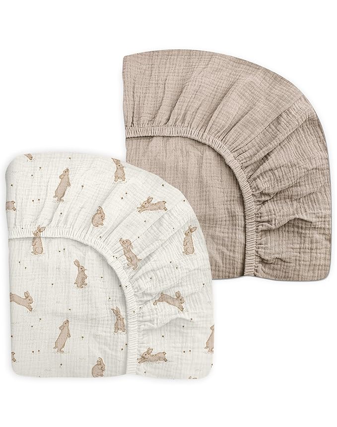 Pack and Play Sheets for Baby Boy and Girl 2 Pack, Neutral Muslin Cotton Pack N Play Mattresses Sheet 27"x39", Muslin Nursery Bedding Soft and Breathable Comfort (Hopping Bunnies & Beige)