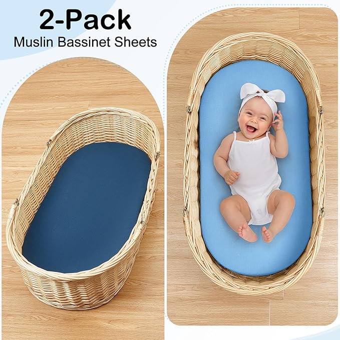 Baby Bassinet Sheets TPU Waterproof 2 Pack Soft Muslin Bedside Bassinet Mattress Sheets with Bottom Elastic Band for Baby Boy Girls Unisex Fit Hourglass Oval and Rectangle, Blue