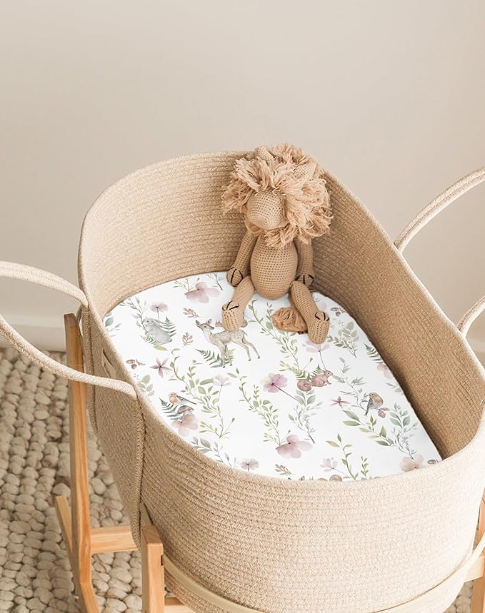 Bassinet Sheets for Baby Girls Boys 2 Pack, Fitted Baby Mattress Sheet for Rectangle, Oval, Hourglass Bassinet Mattress, Breathable Cozy & Universal Fit (Floral Fawn)