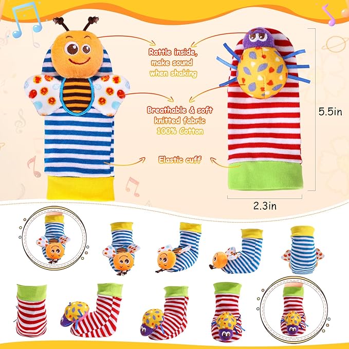 Baby Wrist Rattle Socks and Foot Finder Set Baby Rattles Toys for 0-12 Month, Infant Girl Boy Toys for Babies 3-6 Months, Newborn Hand & Foot Toys for 0 to 9 Months, Baby Easter Gifts