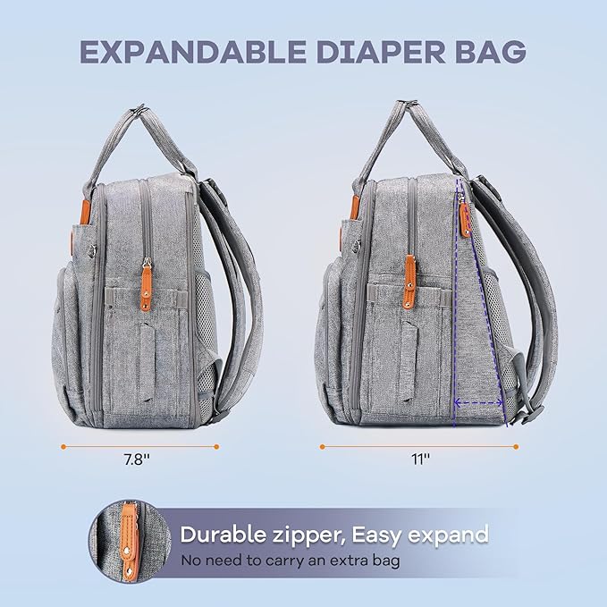 RUVALINO Diaper Bag Backpack-Expandable Baby Bag with up to 50% Capacity -Baby Essentials Bag with Changing Pad Insulated Bottle Holders & Pacifier Case, Waterproof, Gray XL