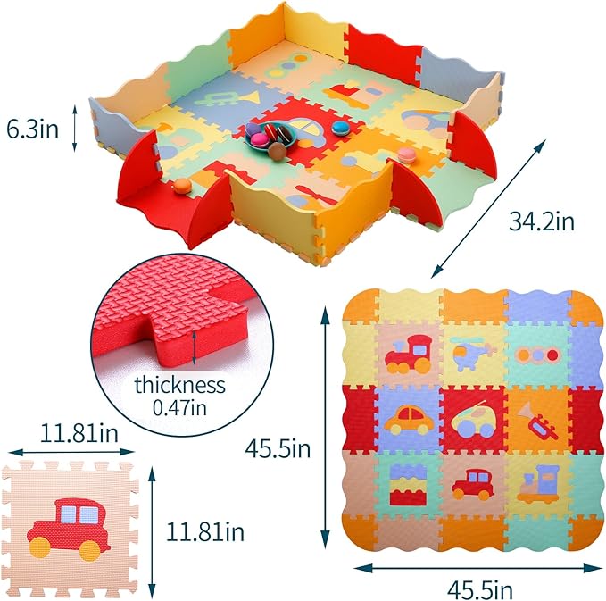 Coolcandy Baby Play Mat, 25Pcs Interlocking Puzzle Floor Mat, with Safety Fence - 0.4" Thick Non-Toxic EVA Foam Play Mat, for Infants & Toddlers 3-36 Months, Soft Puzzle Tiles for Play Areas