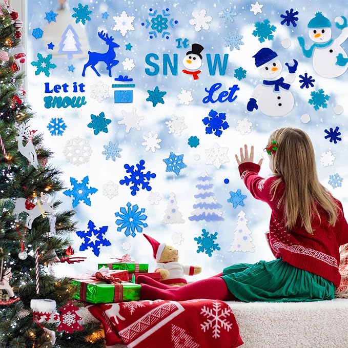 Christmas Window Clings Gel Blue and White Snowflake Snowman 6-Piece Set, Christmas Decorations for Glass Windows and Wall, Winter Glitter Snowflake Window Clings, School Home Xmas Party Decorations