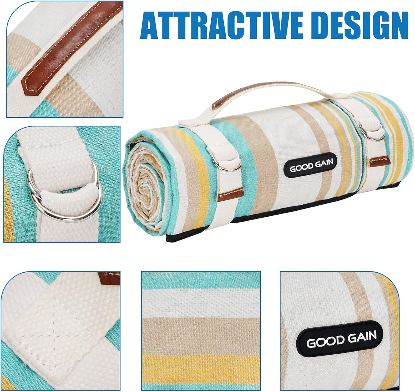 G GOOD GAIN Picnic Blanket Waterproof & Sand Proof,Beach Blanket Portable with Carry Strap, XL Large Foldable Picnic Rug Machine Washable for Camping Party,Wet Grass,Kids Playground.(Pineapple Yellow)