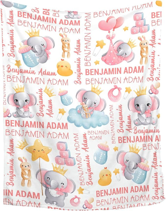Personalized Baby Blanket for Girls Boys Kids Elephant Custom Baby Blanket with Name Throw Birthday Gift for Toddlers Infants Shower Newborns Nursery Stroller Crib Bed Decor