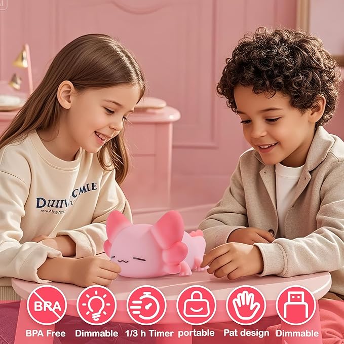 Tremdwoto Axolotl Night Light for Kids, 7 Color Changing Cute Axolotl Lamp，Dimmable &1/3 H Timer, USB Rechargeable Silicone Nursery Nightlight for Kid Bedroom Decor Axolotl Gift for Boys and Girls