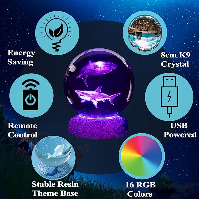Shark Night Light, 3D Crystal Ball Shark Lamp, Underwater Gifts with 16 Color Remote Upgraded 3.15 Inch Ball for Room Decor Boys Girls Birthday Xmas Cool Figurines Gifts