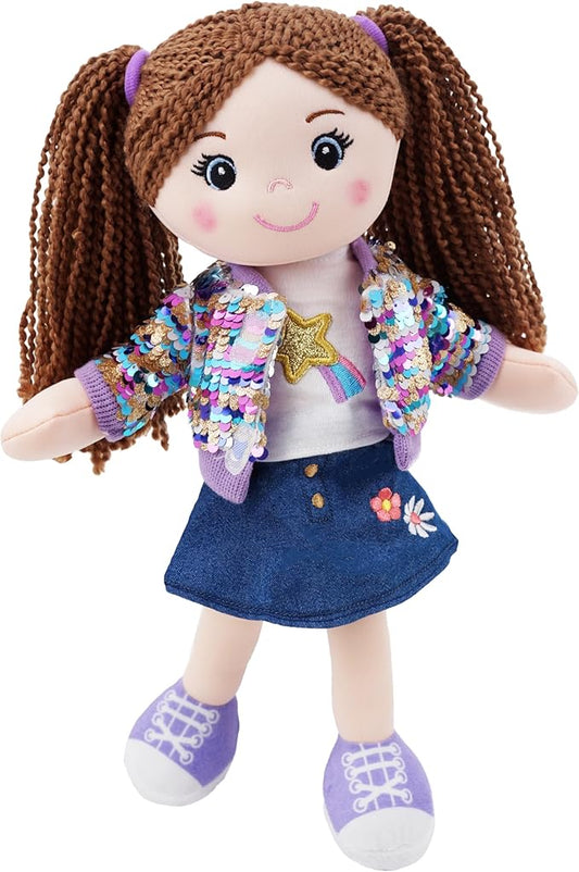 June Garden 14" Snuggle Cutie Sophie Glam - Soft Cuddly Plush Doll Gift for Girls - Huggable Rag Doll - Trendy Outfit M
