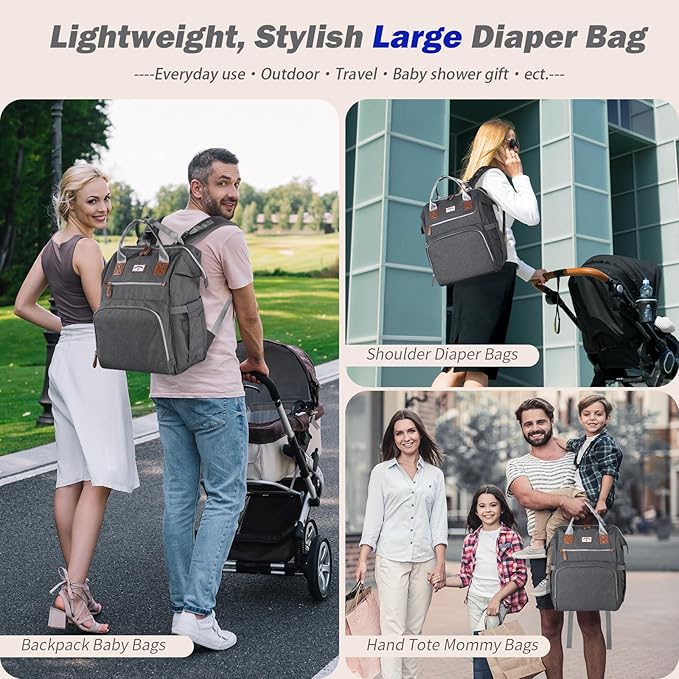 Diaper Bag Backpack:Baby Bag Large Tote Diaper bag for Boys and Girls, Men's Diaper Backpack, Women's Shoulder Mommy Bag, 2 Kids Nappy bag for mom and dad Gray