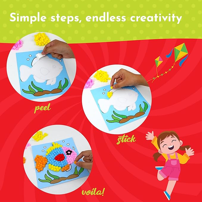 Kalakaram Pom Pom Picasso DIY Art & Craft Kit – Mess-Free Creative Activity for Kids, Pom Pom Craft & Activities, Gifts for Girls & Boys Ages 4, 5, 6, 7, 8, 9, Fun DIY Craft Kits for Children