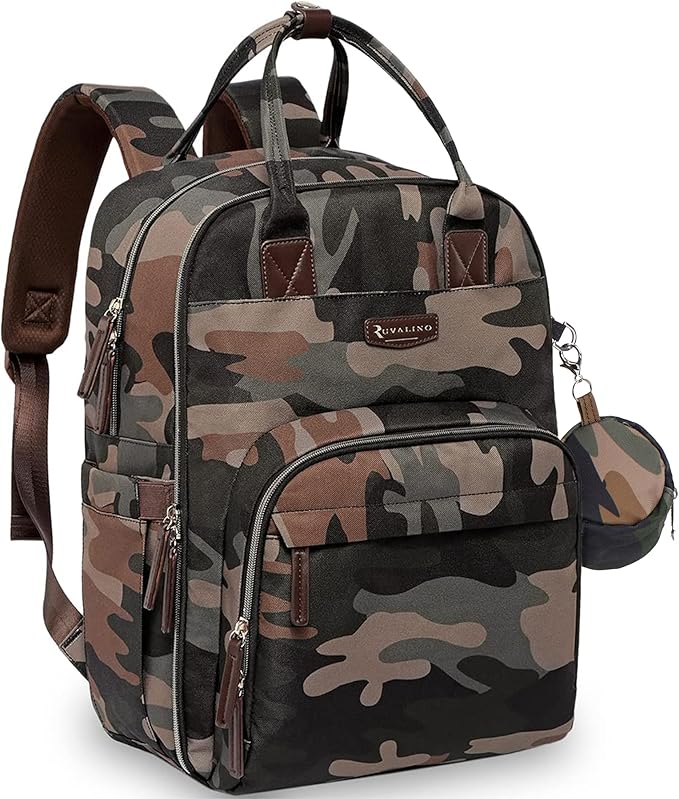RUVALINO Diaper Bag Backpack, Multifunction Travel Pack Maternity Baby Changing Bags, Large Capacity, Waterproof, Green Camo