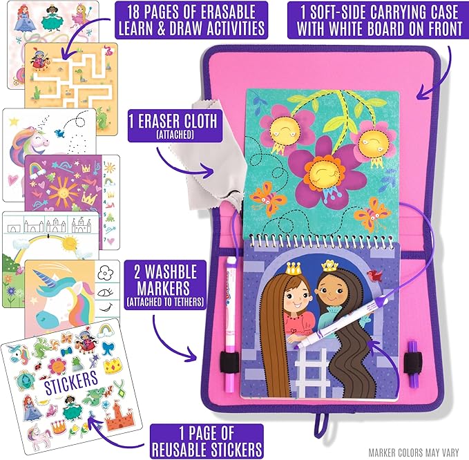 Totebook Kids Travel Educational Activity Book with Washable Markers - Car and Airplane Activities, Learning Toys for Toddlers- Search and Find, Reusable Stickers for Ages 4, 5, 6 (Princess)