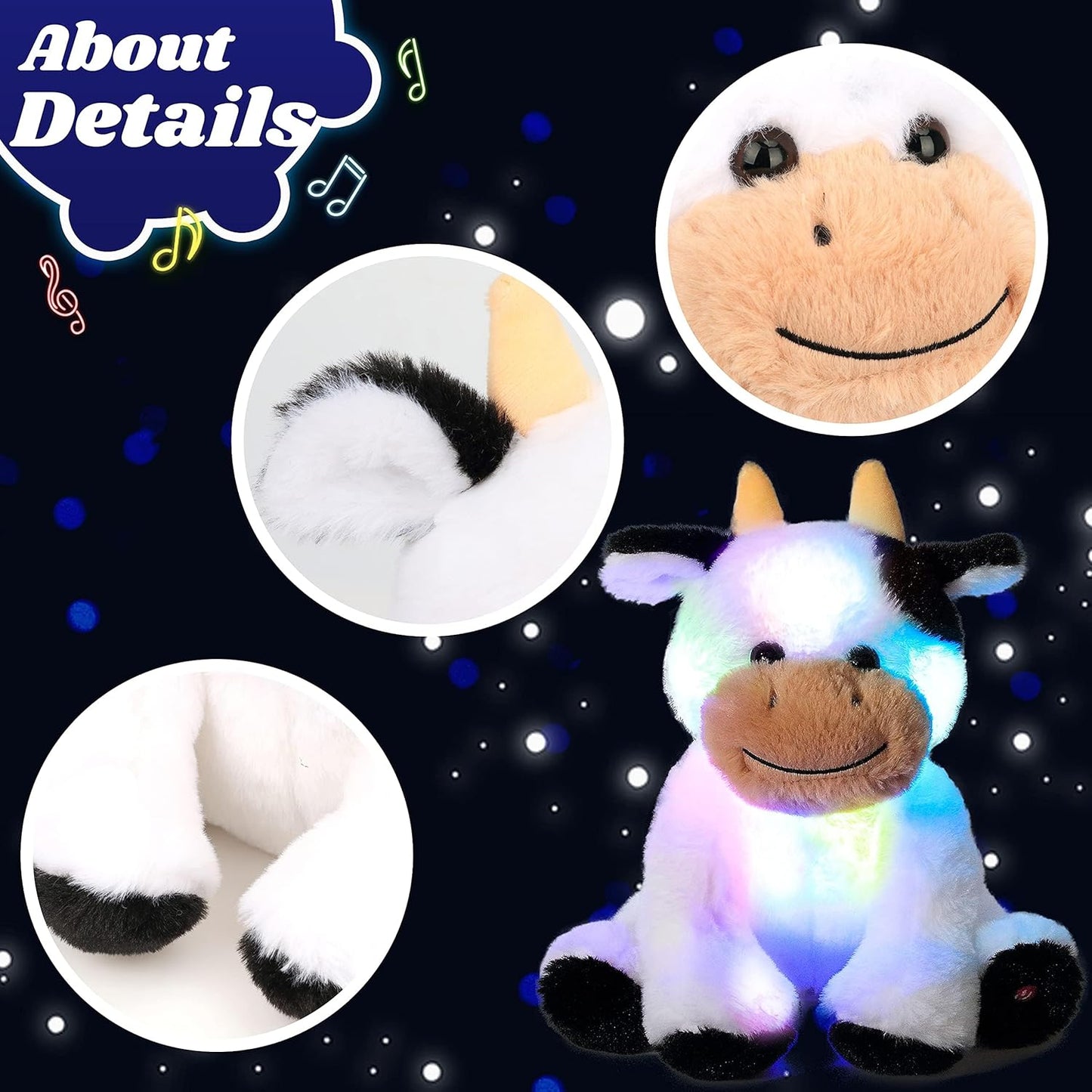Cuteoy Glowing LED Cow Light-up Nightlight Toys Musical Plush Stuffed Animal Soft Singing Lullabies Birthday Christmas Plushies Gifts for Kids Boys Girls,10"