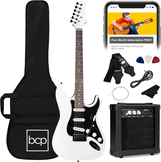 Best Choice Products 39in Full Size Beginner Electric Guitar Starter Kit w/Case, Strap, 10W Amp, Strings, Pick, Tremolo Bar - Glacier White