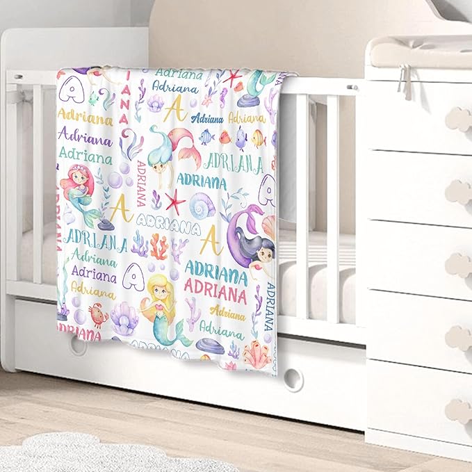 Personalized Baby Blanket for Girls Boys Kids Mermaid Custom Baby Blanket with Name Throw Birthday Gift for Toddlers Infants Shower Newborns Nursery Stroller Crib Bed Decor