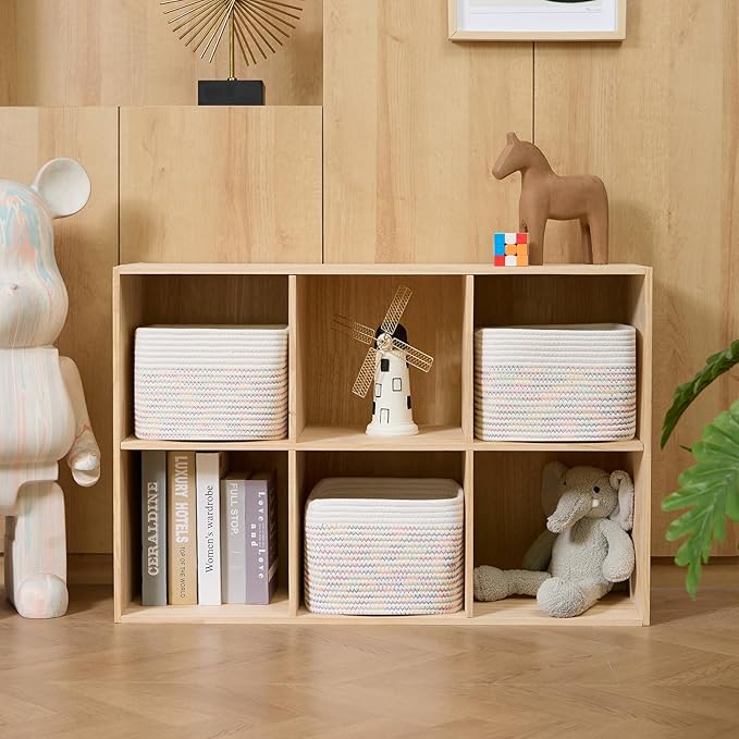 Small Organizing Baskets for Cubes Shelf, 9.7x9.7x7.1 Inch Rope Woven Storage Bins for Nursery Shelves Storage, Cute Toy Basket, Square 3 Packs Off White Rainbow