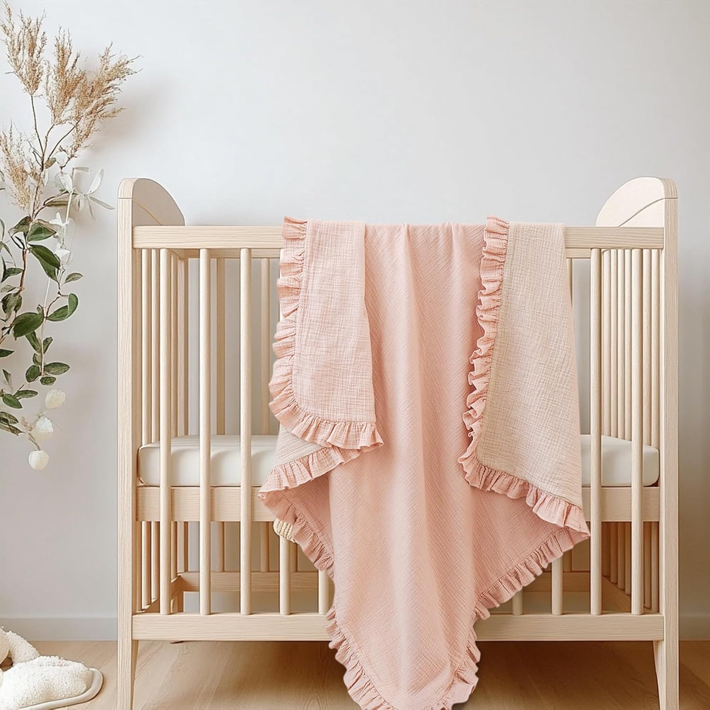 Konssy Flounce Muslin Baby Blankets, Cotton Crib Blanket for Baby Infant Toddler, Super Soft and Lightweight Nursery Blankets 40"x36" (Pink)