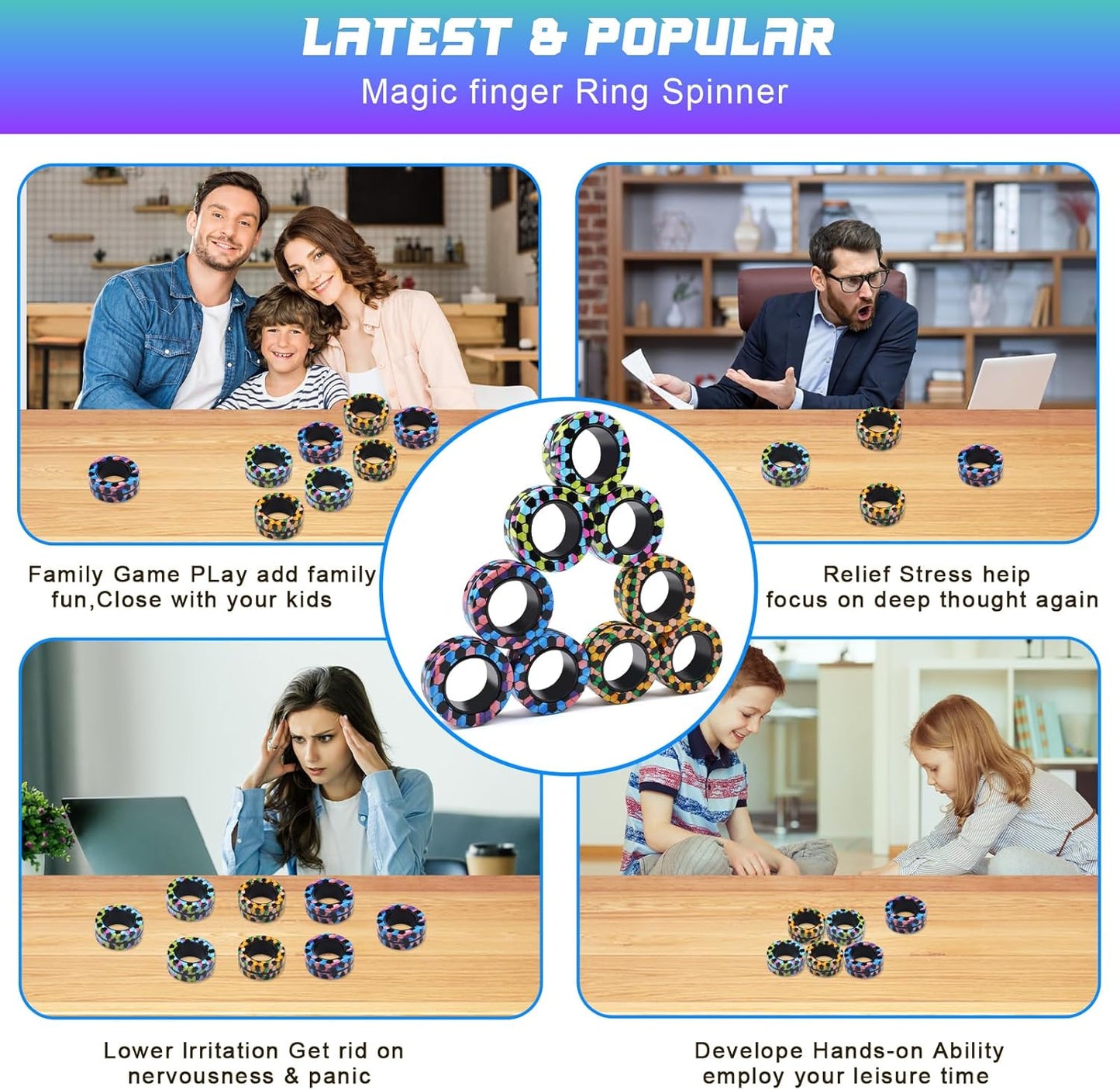 Cevioce 9Pcs Magnetic Rings Fidget Toy Set, ADHD Anxiety Magnetic Fidget Toys Adults Fidget Spinner Rings for Relief, Gifts for 8+ Year Old Teen Boy Girl B