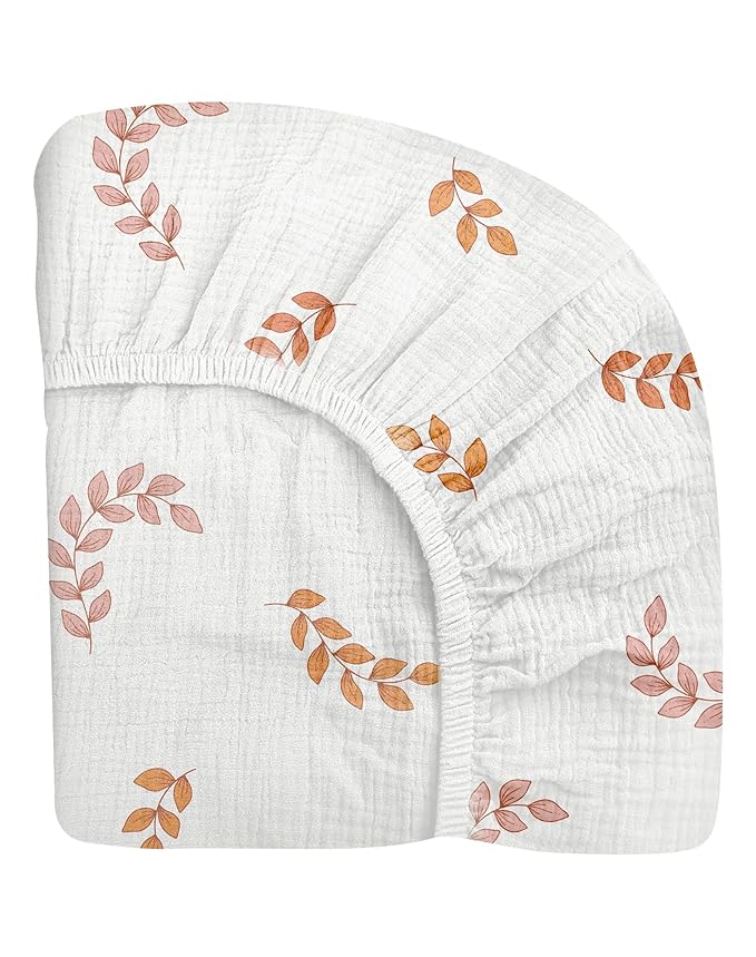 Crib Sheets for Boys Girl, Fitted Baby Toddler Bed Sheets 28" x 52", Neutral Muslin Cotton Crib Mattress Bedding Soft and Breathable Comfort (Leaf)