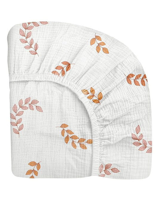 Mini Crib Sheets for Baby, Fitted Pack N Play Mattress and Mini Cribs 24" x 38", Neutral Muslin Cotton Mini Crib Mattress Sheet with Boho Style, Soft and Breathable Comfort (Leaf)