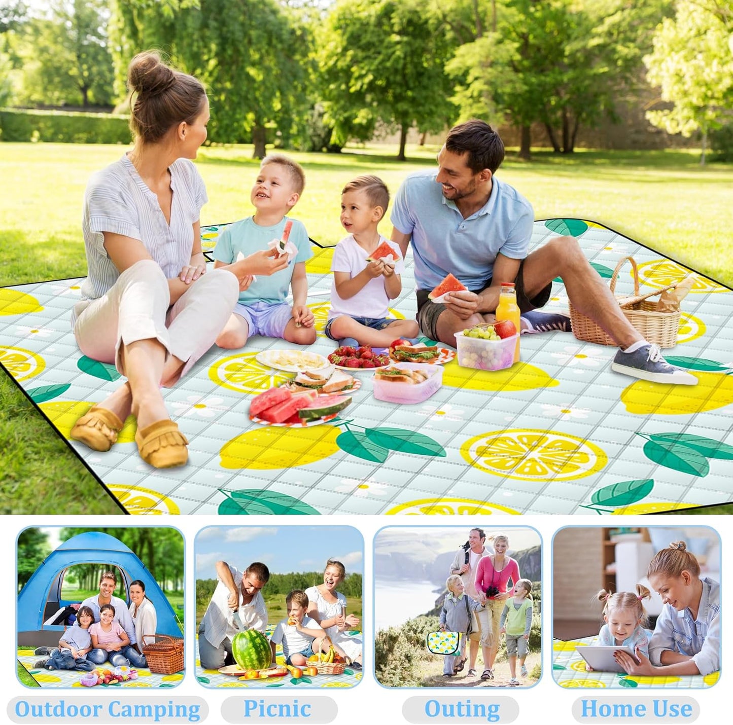 Extra Large Picnic Blanket Waterproof,80"x 80"Foldable Machine Washable Beach Blankets,Outdoor Blanket for 6-8 Adults,Picnic Mat Suitable for Indoor Crawling,Park Beach,Camping,Hiking,Travel(Lemon)