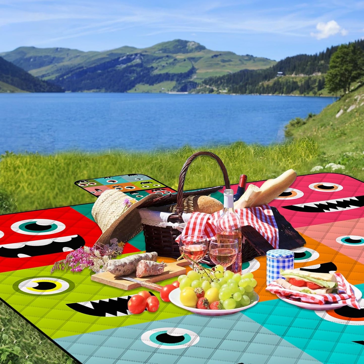 Extra Large Picnic Blanket Waterproof,80"x 80"Foldable Machine Washable Beach Blankets,Outdoor Blanket for 6-8 Adults,Picnic Mat Suitable for Indoor Crawling,Park Beach,Camping,Hiking,Travel (Face）