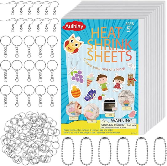 Auihiay 125PCS Shrink Dink Sheets Keychains Kit, 12PCS Shrinky Papers with Keychains and Open Jump Rings for DIY Shrinky Art Keychain Making, Halloween & Christmas Craft Decor
