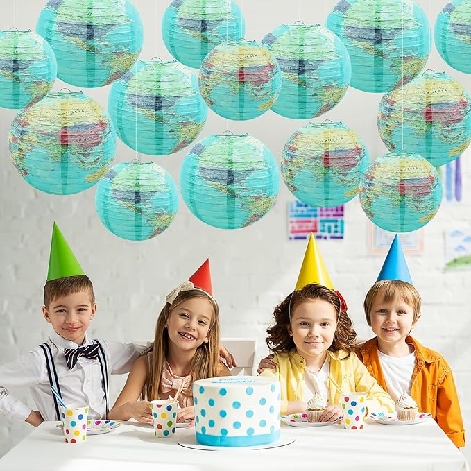 14Pcs World Map Paper Lanterns Classroom Decorations 10 in and 8 in Classroom Hanging Ceiling Decor Earth Globe Lantern Fans for Back to School Around Travel Earth Theme Party Decor Supplies