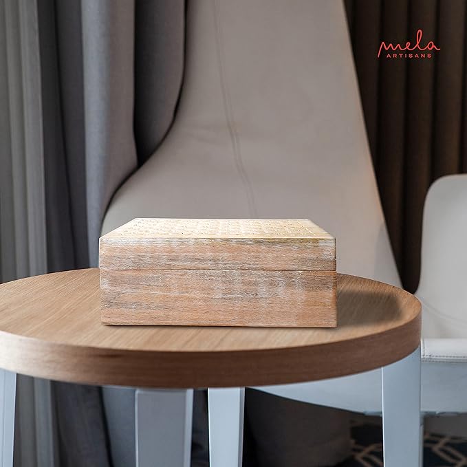 Mela Artisans Wooden Keepsake Box | Whitewash Mango Wood Memory & Photo Storage Box with Hinged Lid | Decorative Storage Box | Extra Large | 10.5x7.5x4 Inch