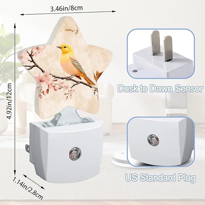Bird Vintage Nightlight,Pink Cherry Blossoms Star Night Lights Plug into Wall Decorations for Bedroom Bathroom,Dusk to Dawn Sensor Kitchen Hallway Stairs Energy Efficient Desk Lamp