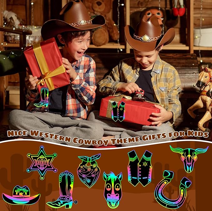 JULMELON 36 PCS Western Crafts, Rainbow Scratch Art Cowboy Rodeo Party Favors DIY Magic Color Scratch Paper Cards for Western Theme Birthday Party Favors School Activities Games