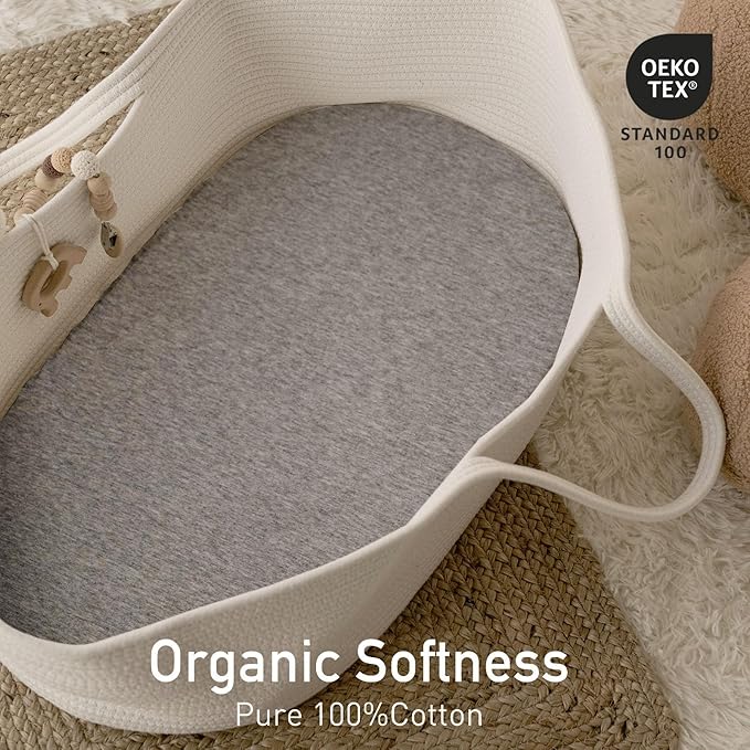 Gllquen Baby Bassinet Sheets 2 Pack, 100% Organic Cotton Bassinet Fitted Sheets for Girls Boys, Soft & Breathable Unisex Baby Mattress Sheet for Standard Bassinets 33"x17"(Grey)