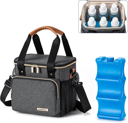 Breastmilk Cooler Bag with Ice Pack Fits 6 Baby Bottles up to 9 Ounce, Breast Milk Pump Cooler Bag for Nursing Mom Daycare, Work, Travel-Dark Grey