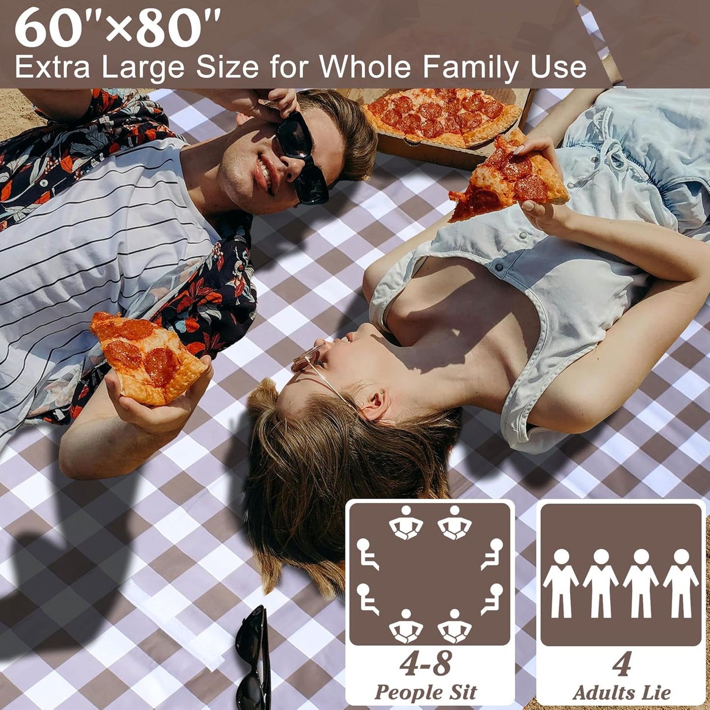 80"x60" Waterproof Sandproof Picnic Mat - Portable Foldable Outdoor Blanket for Beach, Park, Travel & Indoor Use - Lightweight Compact Design, Easy-Carry (Light Brown)