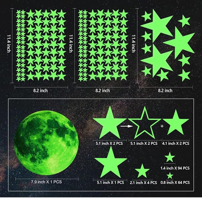 Glow Stars and Full Moon Wall Stickers for Starry Sky,Glowing Star Beautiful Wall Decals for Any Room,Beautiful Wall Decals for Kids Gift,Glow in The Dark Stars Light Your Ceiling