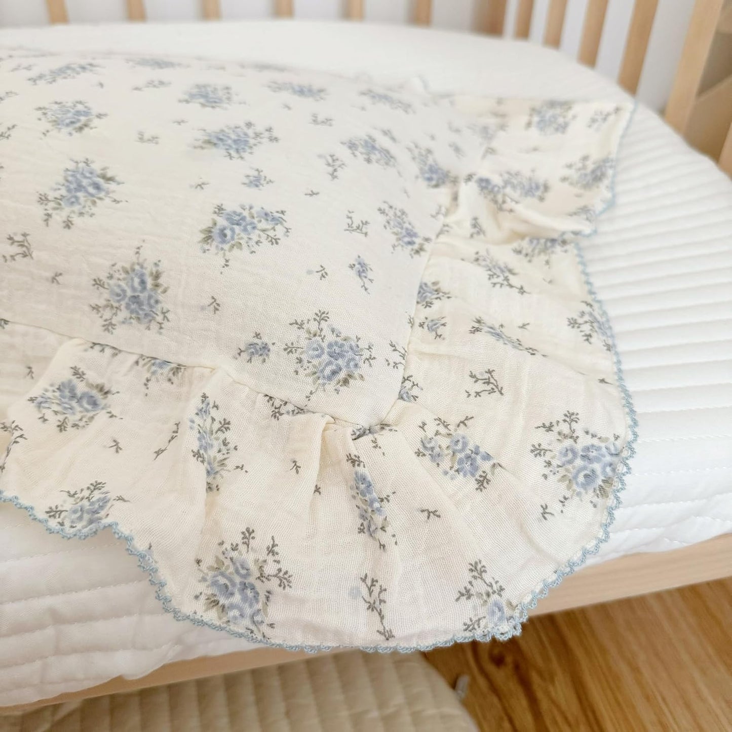 BuLuTu Cotton Muslin Toddler Pillowcases with Blue Flowers Print Soft Breathable Gauze Small Pillow Case for Toddler Boys Girls Nursery Decor, Shower Gift, 14"x20", 1 pc