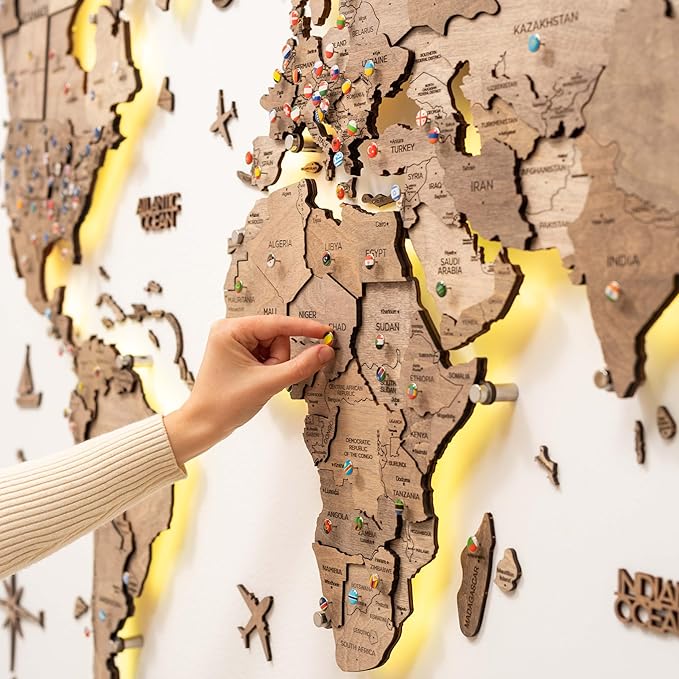 Enjoy The Wood 3D Wood World Map LED 3.0 Wall Art Modern Home Decor Gifts LED Lighting Wall Decor Housewarming Gift (Terra)
