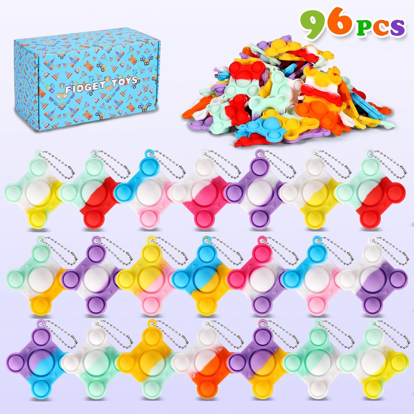 96 PCS New Mini Big Pop Fidget Toys Pack Party Favors, Silicone Squeeze Pop Bubble Fidget Bulk Sensory Toys, Pop Keychain Bubble Toy Party Bag Fillers for Kids, Wrap Pop Toy