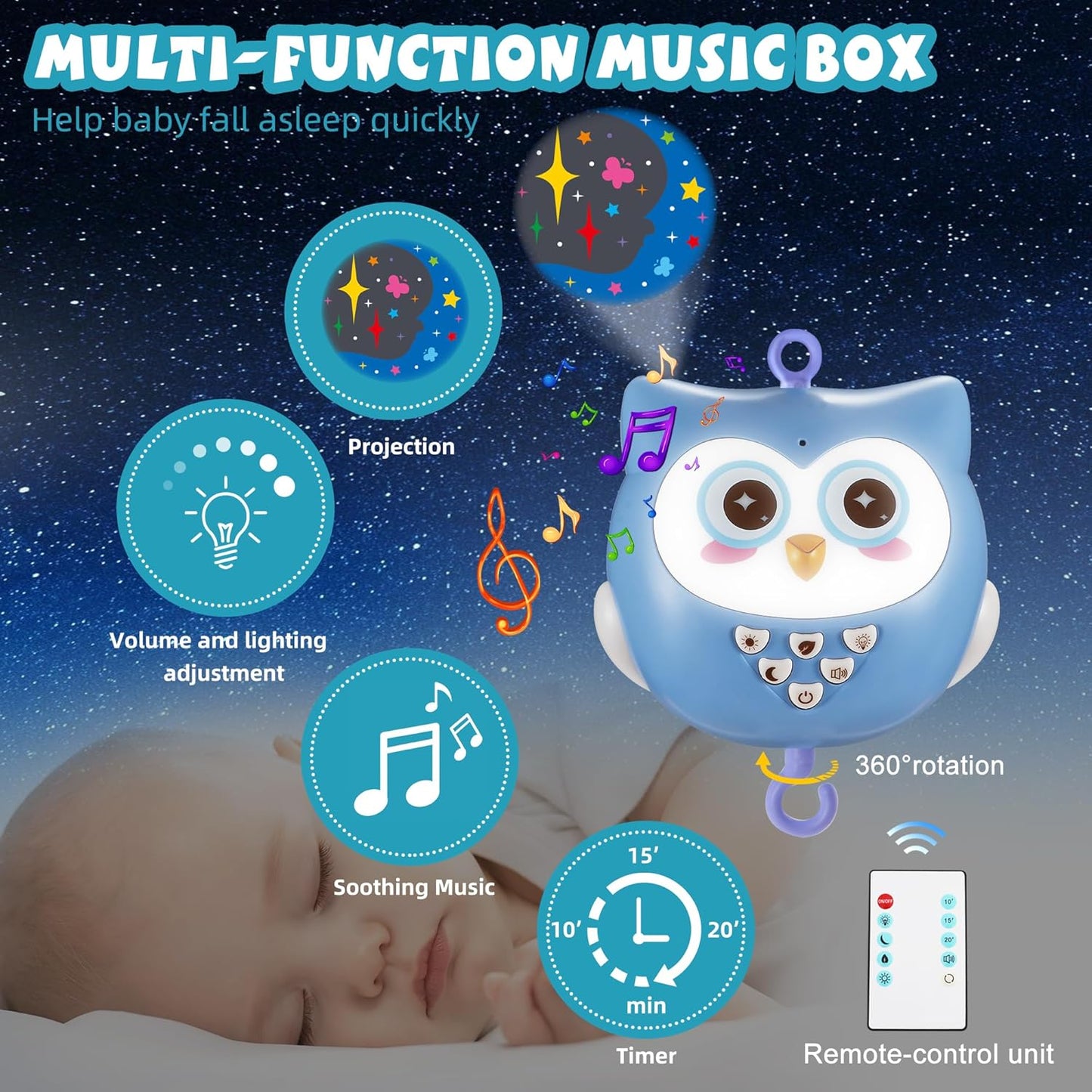Baby Crib Mobile with Music and Lights for Boys Musical Mobile Animals for Crib Bassinet Girls Toys Hanging Portable Safari Nursery Decor Blue