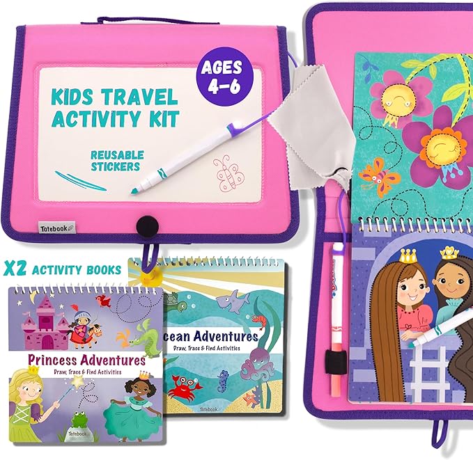 Totebook Kids Travel Educational Activity Book with Washable Markers - Car and Airplane Activities, Learning Toys for Toddlers- Reusable Stickers for Ages 4, 5, 6 (Princess & Extra Ocean Book)
