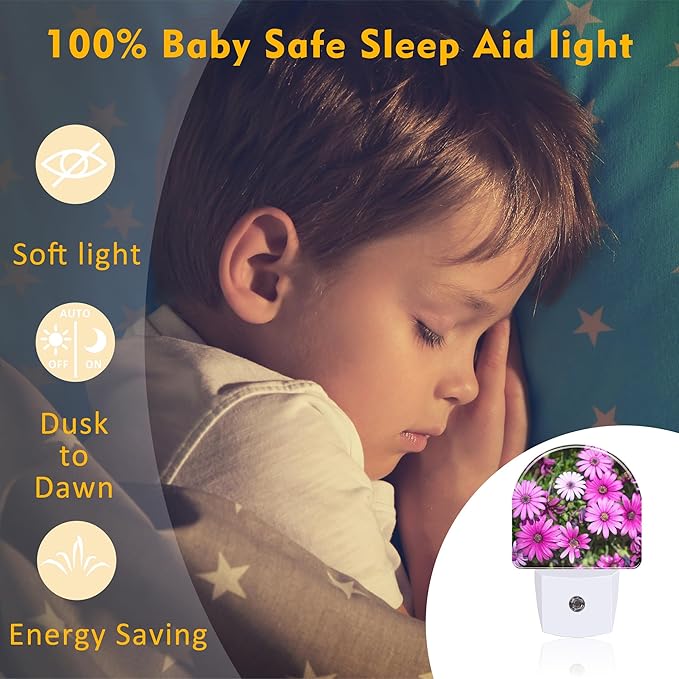 Purple Daisies Flowers Night Light, Beautiful Blooming Daisy Dusk to Dawn Night Light Plug in,0.5w Energy Saving Sleep Friendly NightLight for Kids Boys Girls Home Decor