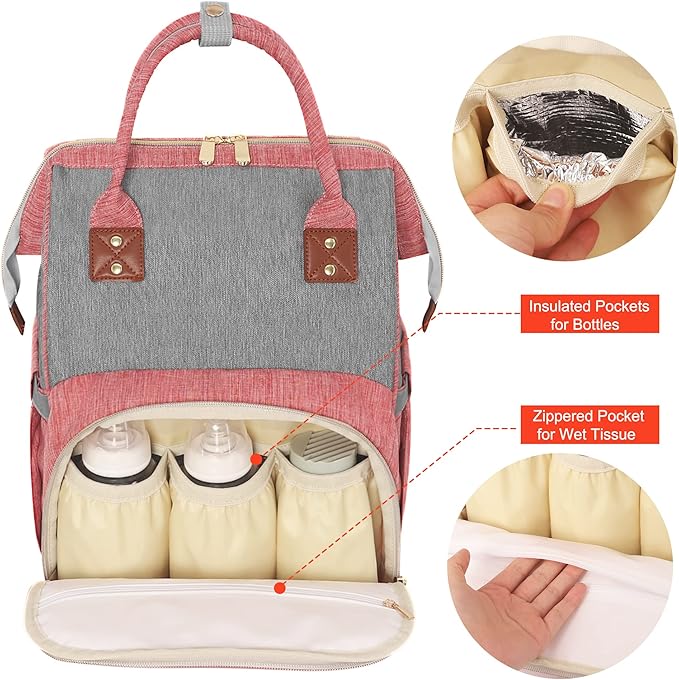 Diaper Bag Backpack Multi-Function Baby Bag With Large Capacity and Insulated Pockets Diaper Backpack Organizer Bag for Mom/Dad, Pink+Gray