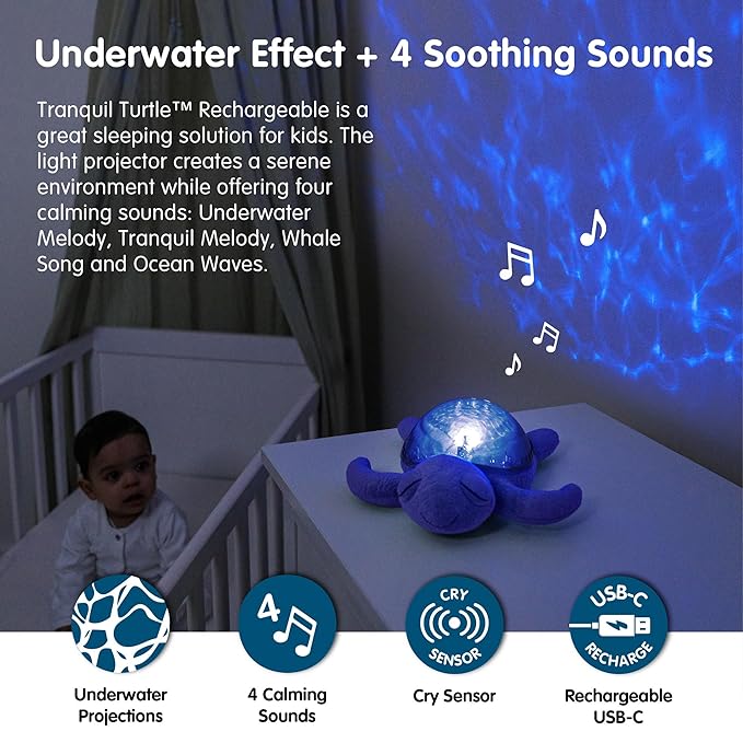 Cloud b Ocean Projector Nightlight with 2 White Noises & 2 Soothing Sounds | Adjustable Settings | Cry Sensor | Tranquil Turtle - Ocean (Rechargeable)