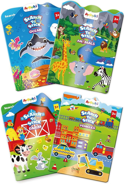 Jelly Stiicker Books Set for Kids Travel Essentials, Reusable Sticker Books for Toddler, Restickable Sticker Book Tdddler Travel Toys for Kids, Safari, Farm, Ocean, Vehicles