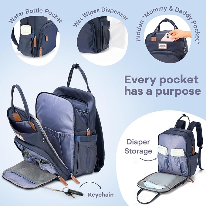 RUVALINO Diaper Bag Backpack, Multifunction Travel Back Pack Maternity Baby Changing Bags, Diaper Changing Totes, Waterproof and Stylish, Navy Blue