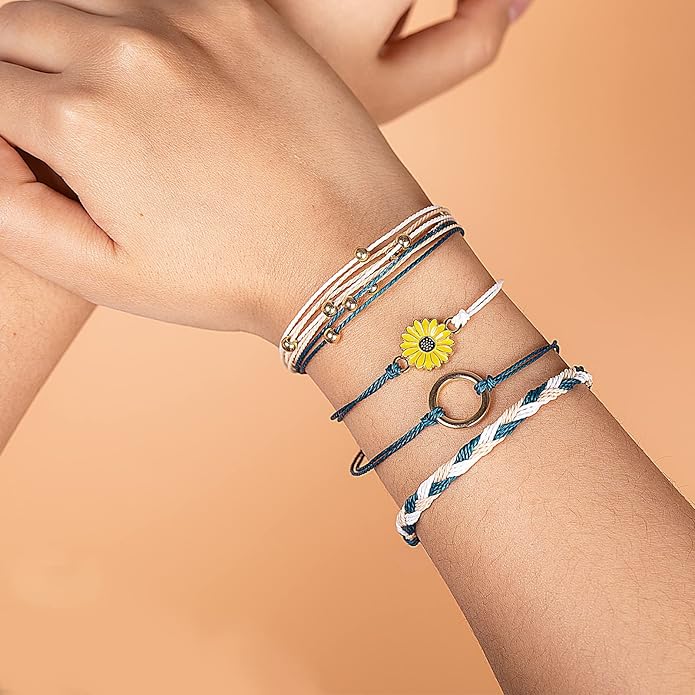 FANCY SHINY Sunflower String Bracelet Boho Braided Rope Wrap Bracelets Cute Summer Beach Surfer Jewelry for Women Christmas Gifts