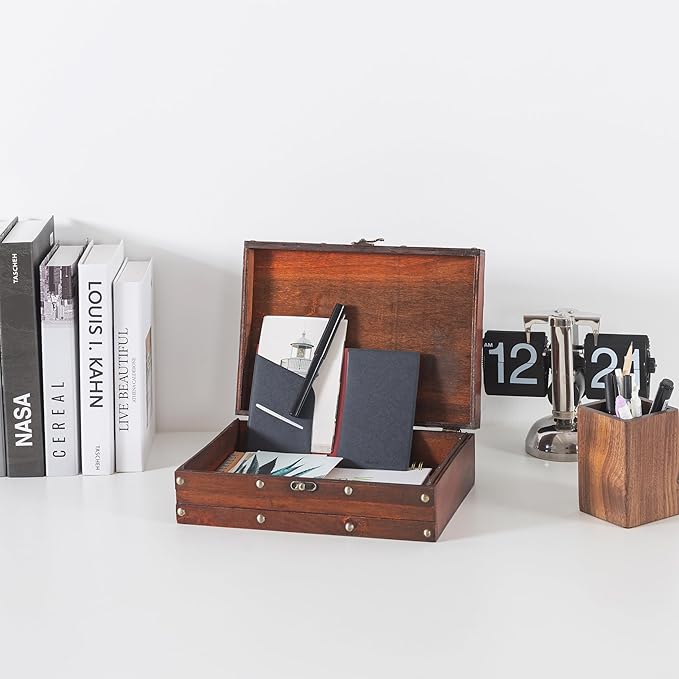 Soul & Lane Vintage Wooden Treasure Chest - Elegant Decorative Storage & Keepsake Box with Antique Hardware, Wood Box Trunk for Photos, Mementos, Office Supplies