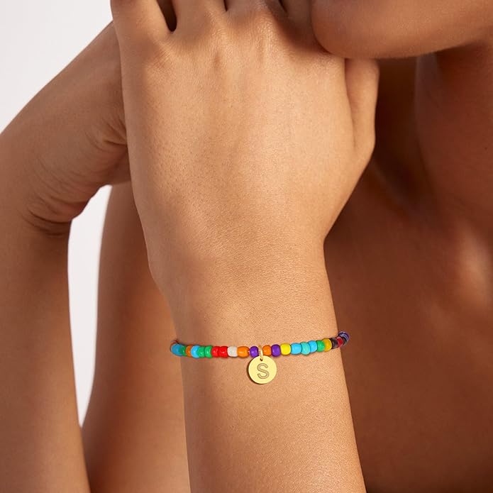 Colorful Initial Bracelets for Women Girls, Cute Beaded Initial Bracelet Teen Girl Gifts Trendy Stuff Gold Disc Letter Bracelet Personalized Gifts for Women Jewelry