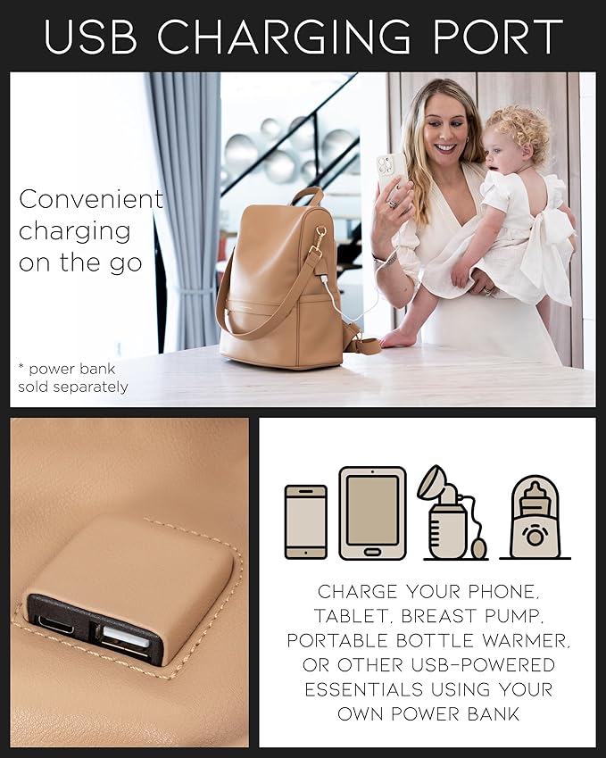 MIA + SOPHIA Leather Diaper Bag Backpack with USB Charging port, Changing Pad, Stroller Straps, and Bottle Holder (Brown Mia)