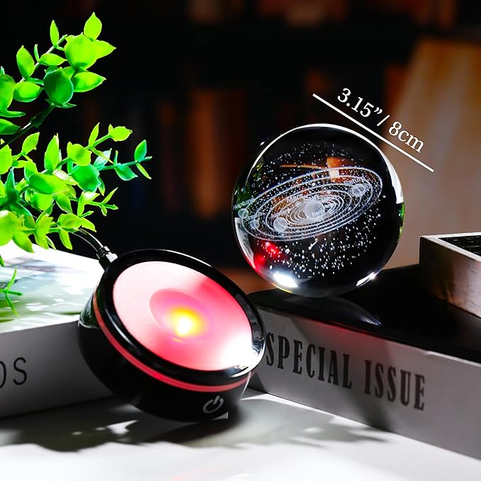 3D Solar System Model Crystal Ball Led Lamp Base - Space Decor World Globe Planets Sphere Night Light 80mm 3.15 Inch - Solar System Decor Birthday Astronomy Gifts for Men Physics Science Teacher